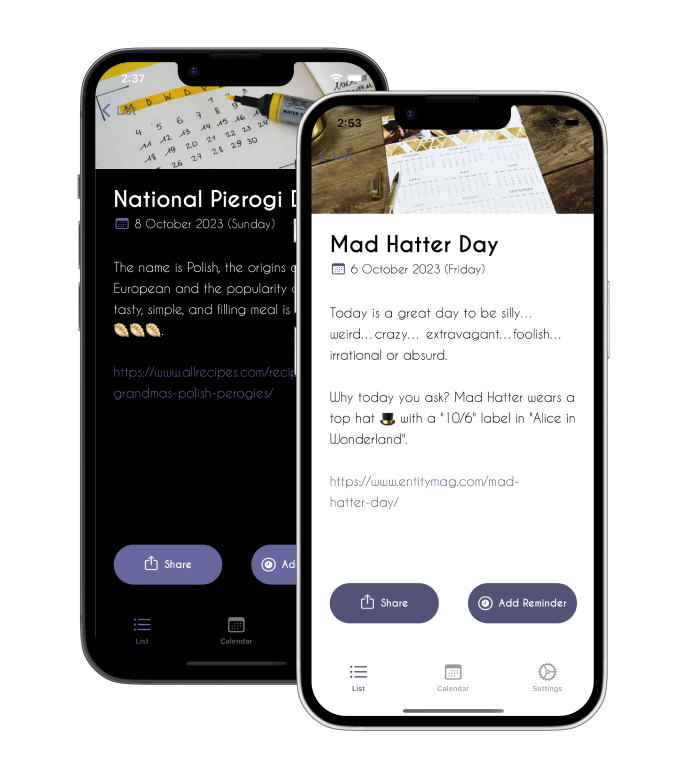 Device with Holiday Today app screnshot. Contents: National Puppy Day. National Puppy Day celebrates the love and happiness that puppies bring to our lives and promotes the adoption of puppies.